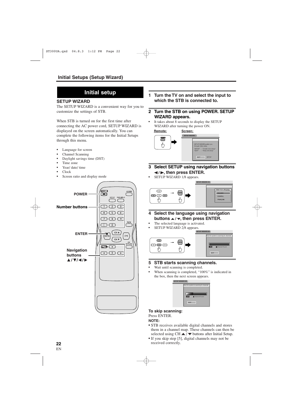 Initial setup, Initial setups (setup wizard), Setup wizard | 3 select setup using navigation buttons, Then press enter, 4 select the language using navigation buttons, 5 stb starts scanning channels | Sylvania 6900DTE User Manual | Page 22 / 72