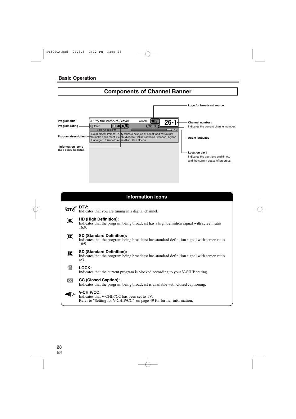 Components of channel banner, Basic operation information icons | Sylvania 6900DTE User Manual | Page 28 / 72