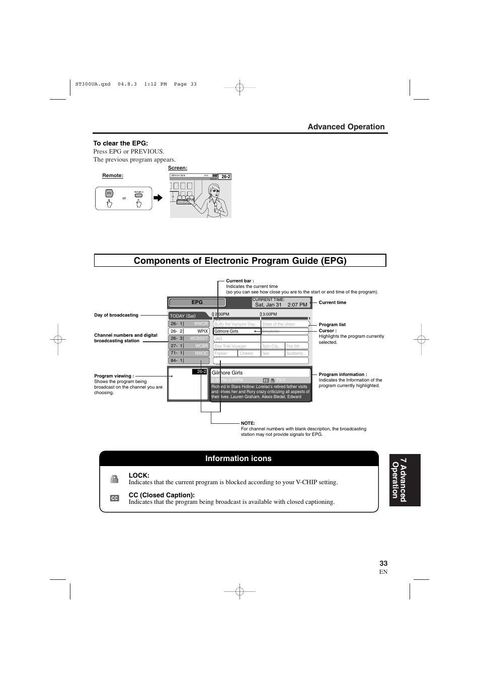 Components of electronic program guide (epg), Advanced operation 7 ad v anced operation, Information icons | Sylvania 6900DTE User Manual | Page 33 / 72