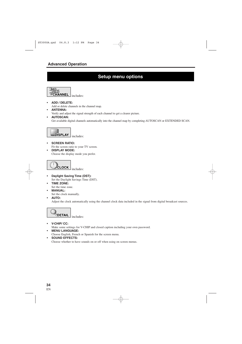 Setup menu options | Sylvania 6900DTE User Manual | Page 34 / 72