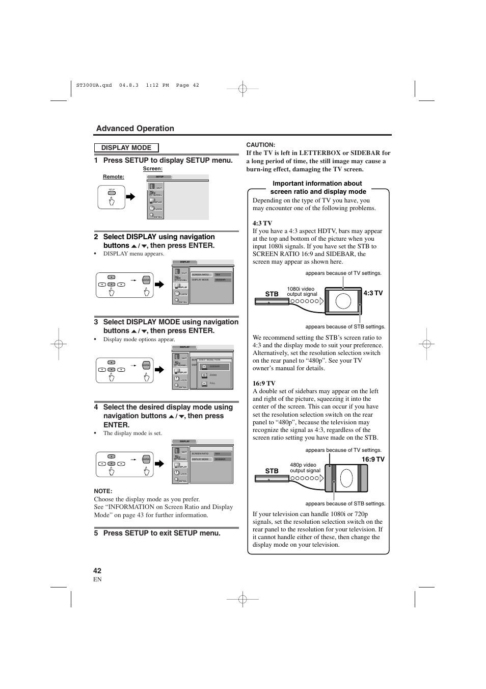 Advanced operation, 1 press setup to display setup menu, 2 select display using navigation buttons | Then press enter, 3 select display mode using navigation buttons, 5 press setup to exit setup menu, Stb 4:3 tv, Stb 16:9 tv, Display mode | Sylvania 6900DTE User Manual | Page 42 / 72