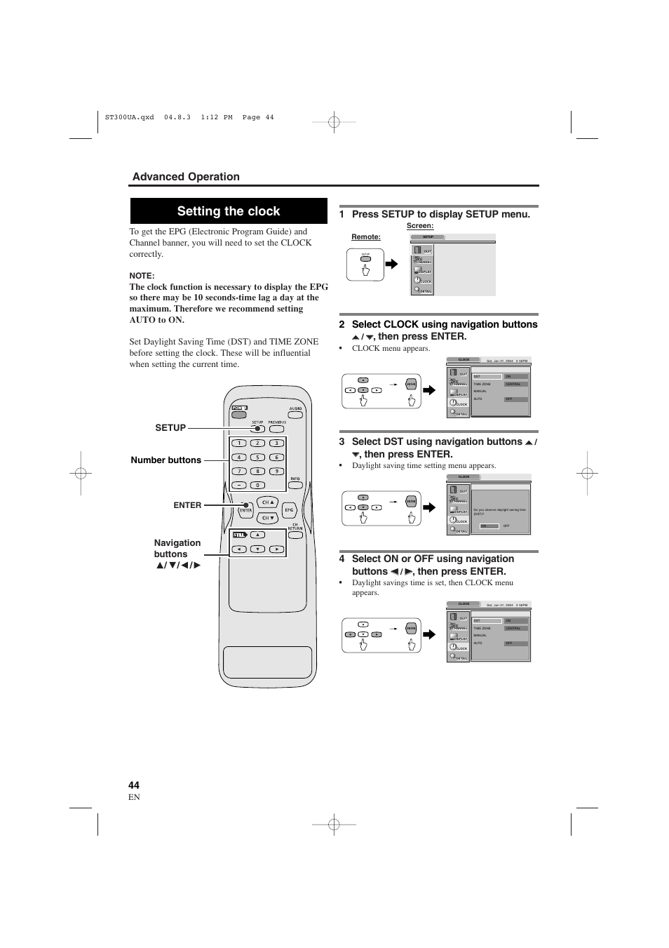 Setting the clock, Advanced operation, 1 press setup to display setup menu | 2 select clock using navigation buttons, Then press enter, 3 select dst using navigation buttons, 4 select on or off using navigation buttons, Number buttons, Navigation buttons / / / setup | Sylvania 6900DTE User Manual | Page 44 / 72