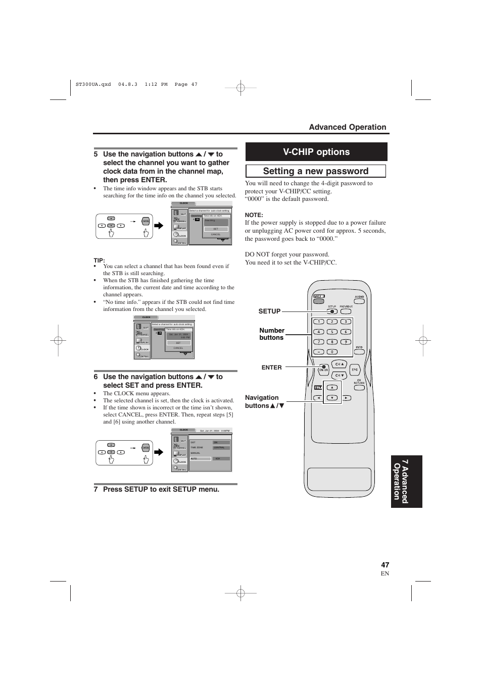 Setting a new password v-chip options, Advanced operation 7 ad v anced operation, 7 press setup to exit setup menu | Navigation buttons | Sylvania 6900DTE User Manual | Page 47 / 72