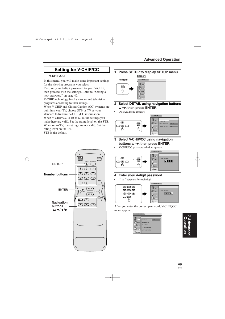 Setting for v-chip/cc, Advanced operation 7 ad v anced operation, 1 press setup to display setup menu | 2 select detail using navigation buttons, Then press enter, 3 select v-chip/cc using navigation buttons, 4 enter your 4-digit password, Number buttons, Navigation buttons / / / setup v-chip/cc | Sylvania 6900DTE User Manual | Page 49 / 72