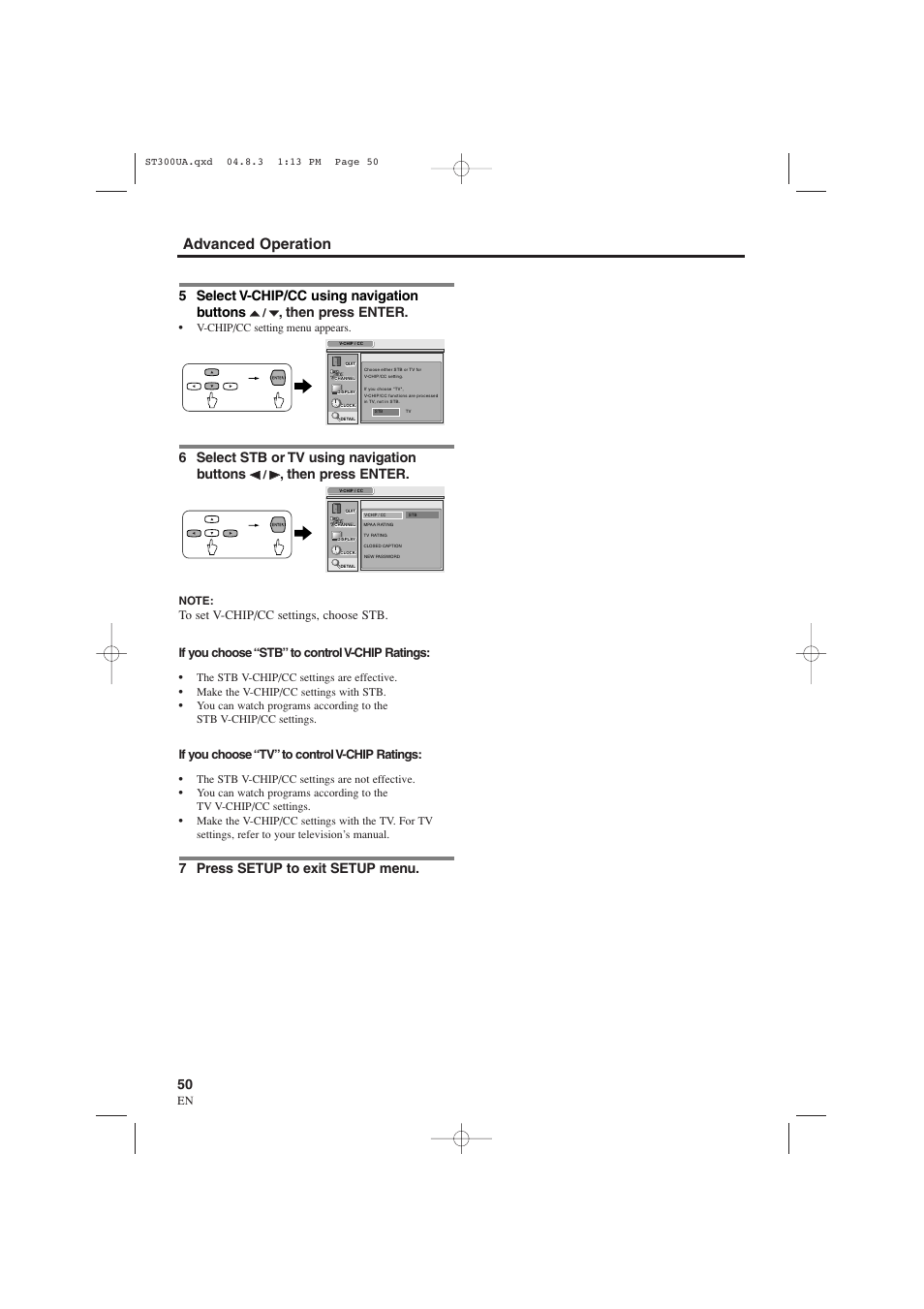 Advanced operation, 5 select v-chip/cc using navigation buttons, Then press enter | 6 select stb or tv using navigation buttons, 7 press setup to exit setup menu, If you choose “tv” to control v-chip ratings | Sylvania 6900DTE User Manual | Page 50 / 72