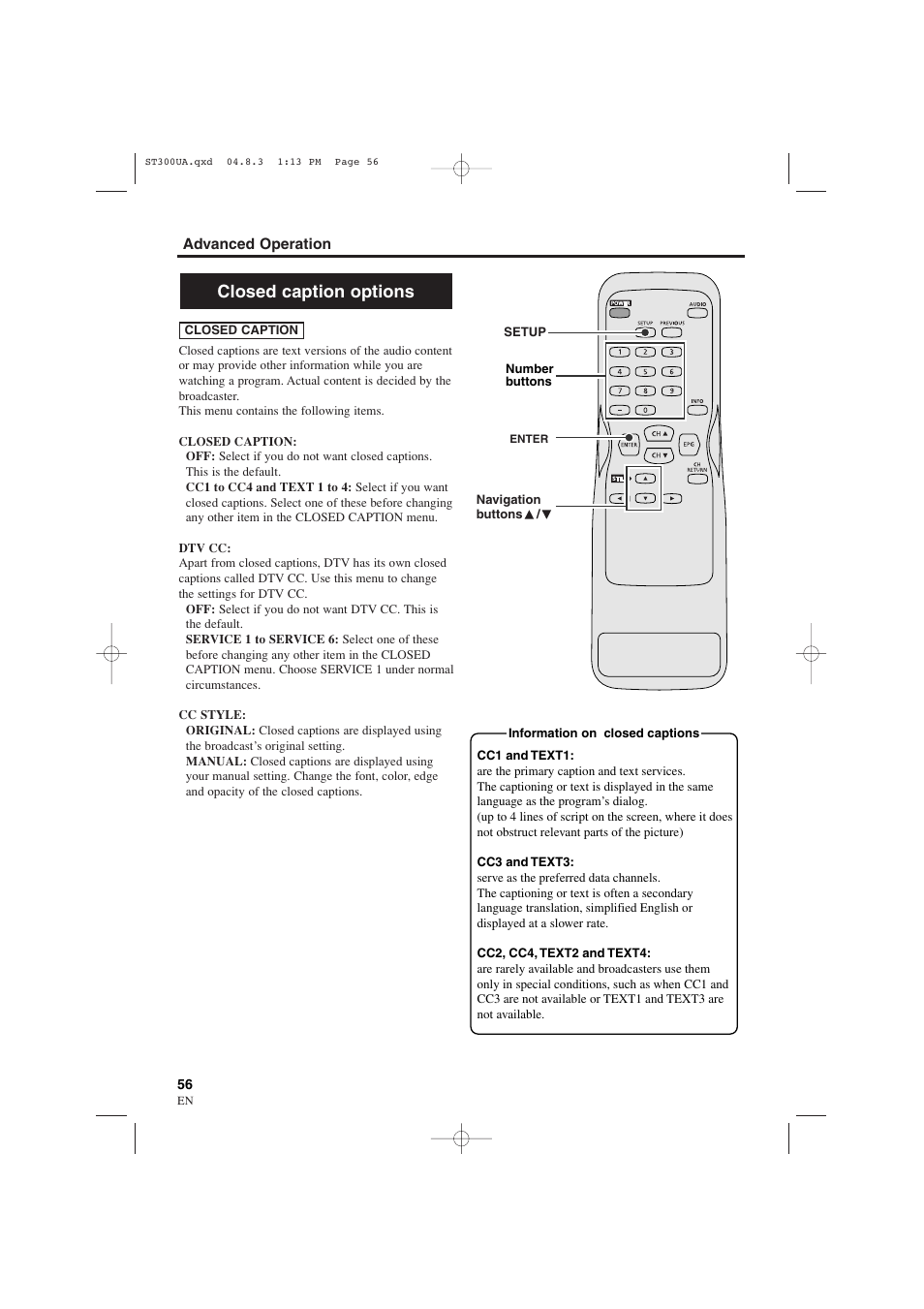 Closed caption options | Sylvania 6900DTE User Manual | Page 56 / 72