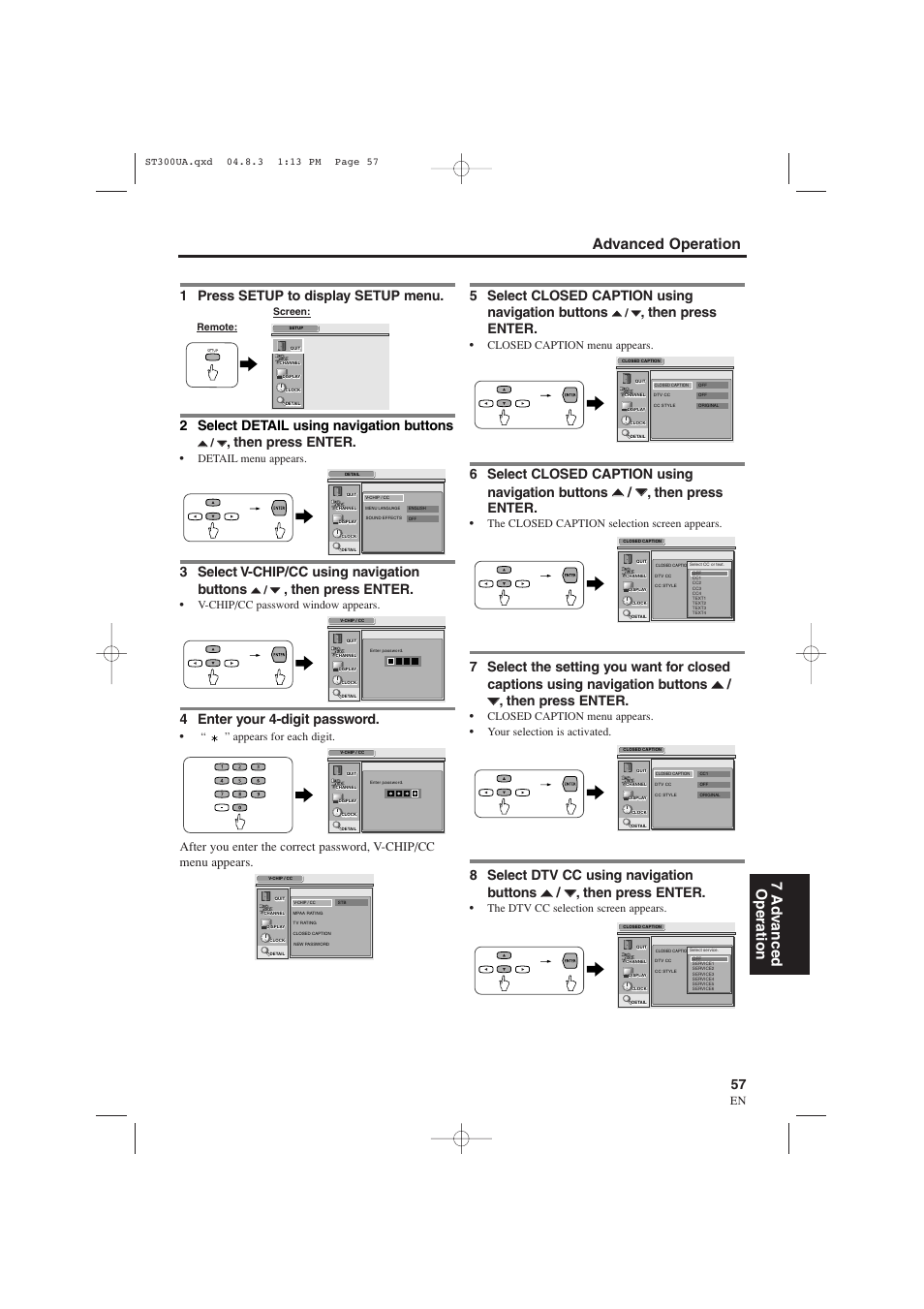 Advanced operation 7 ad v anced operation, 1 press setup to display setup menu, 2 select detail using navigation buttons | Then press enter, 3 select v-chip/cc using navigation buttons, 4 enter your 4-digit password, 5 select closed caption using navigation buttons | Sylvania 6900DTE User Manual | Page 57 / 72