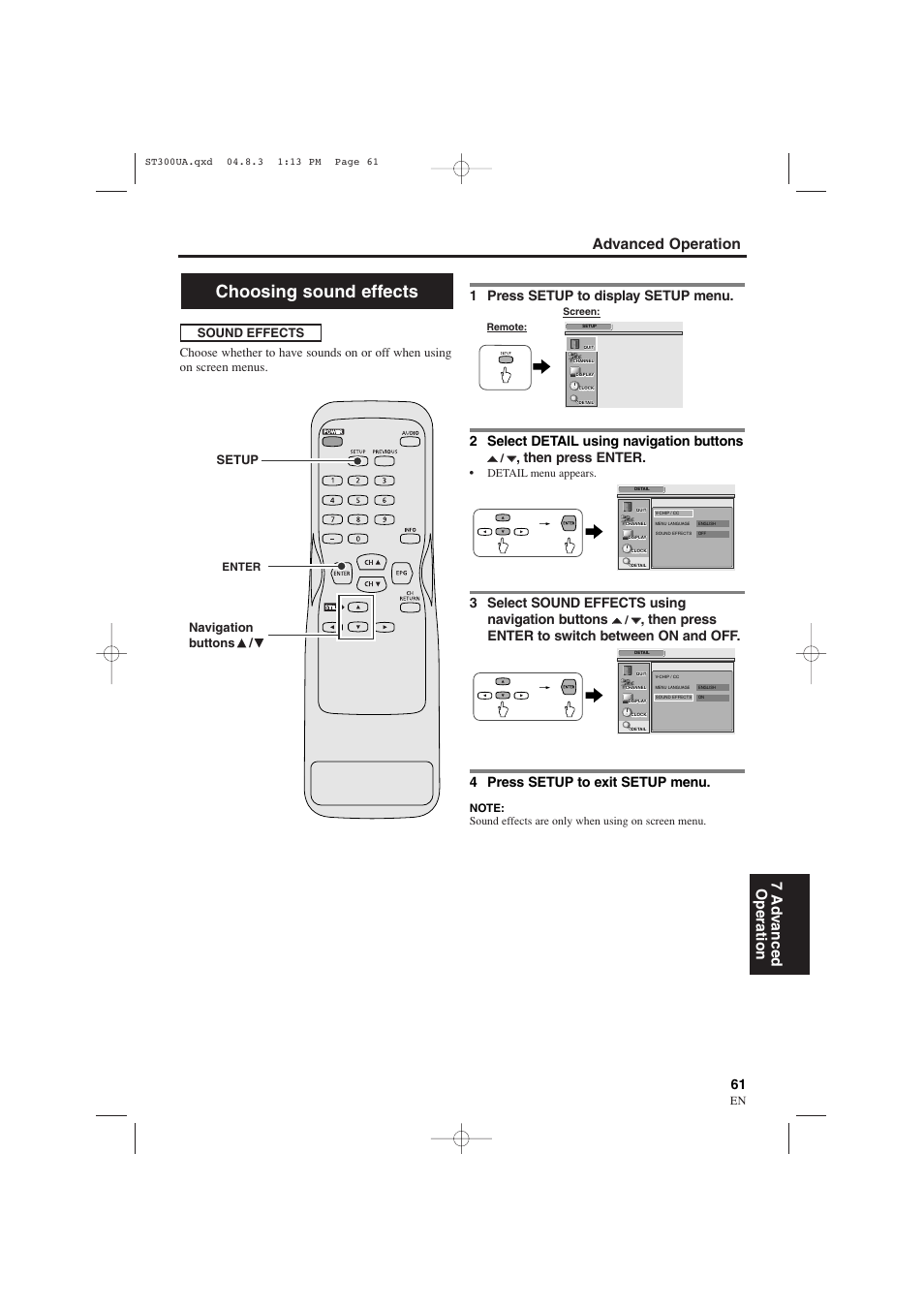 Choosing sound effects, Advanced operation 7 ad v anced operation, 1 press setup to display setup menu | 2 select detail using navigation buttons, Then press enter, 3 select sound effects using navigation buttons, Setup, Navigation buttons / sound effects | Sylvania 6900DTE User Manual | Page 61 / 72
