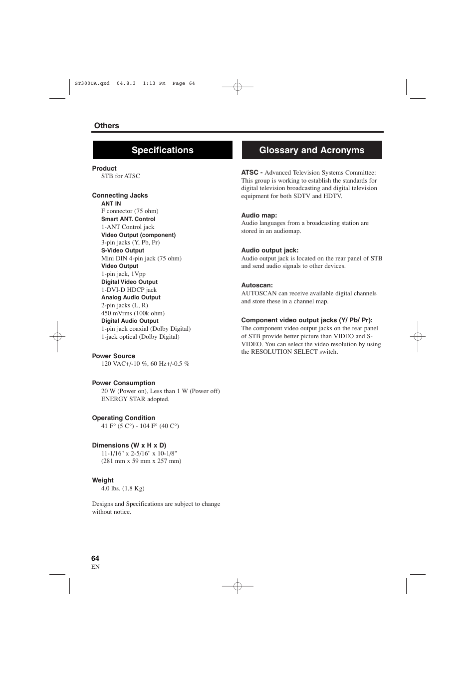 Glossary and acronyms specifications | Sylvania 6900DTE User Manual | Page 64 / 72