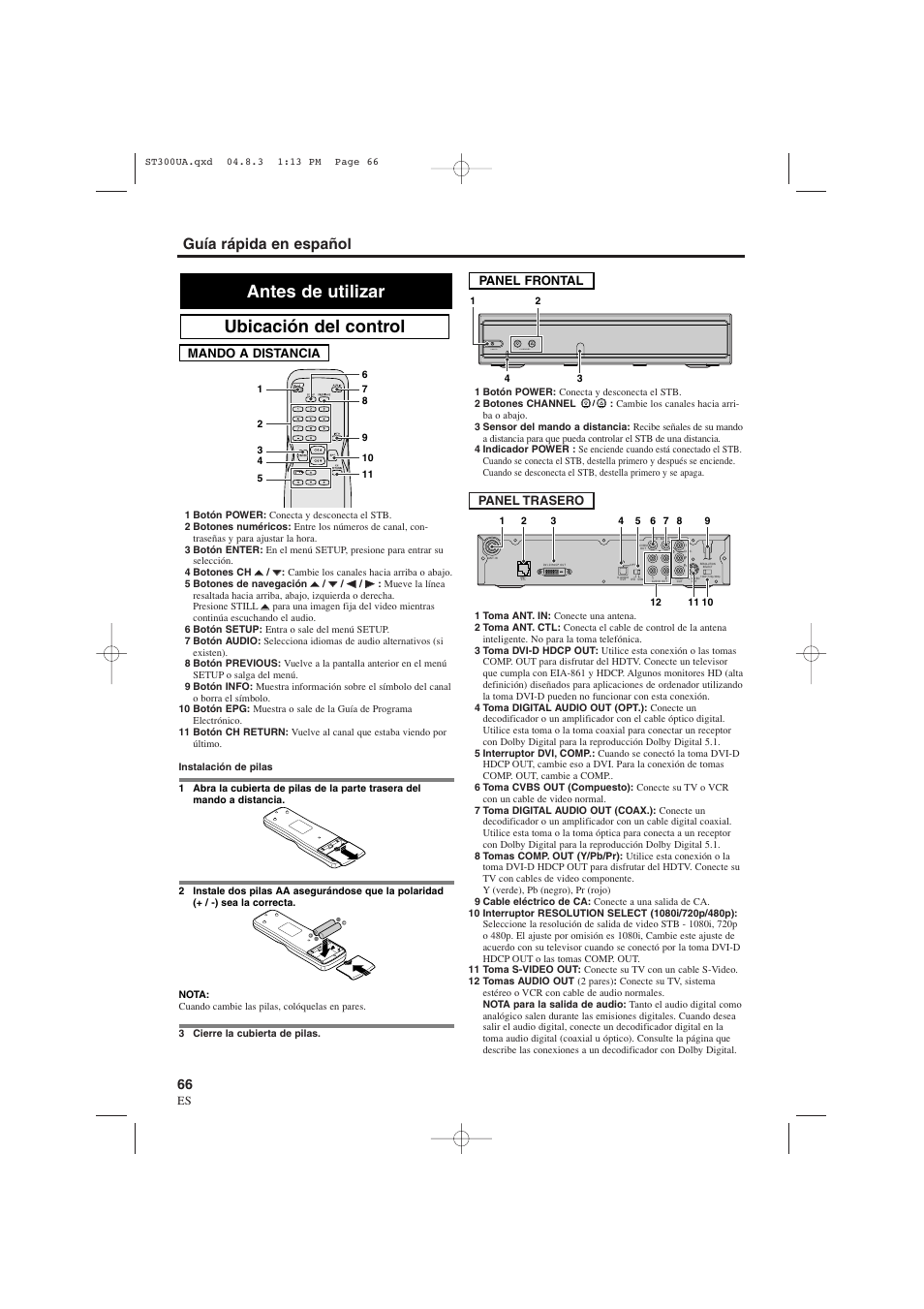 Ubicación del control antes de utilizar, Guía rápida en español, Panel trasero | Panel frontal, Mando a distancia | Sylvania 6900DTE User Manual | Page 66 / 72