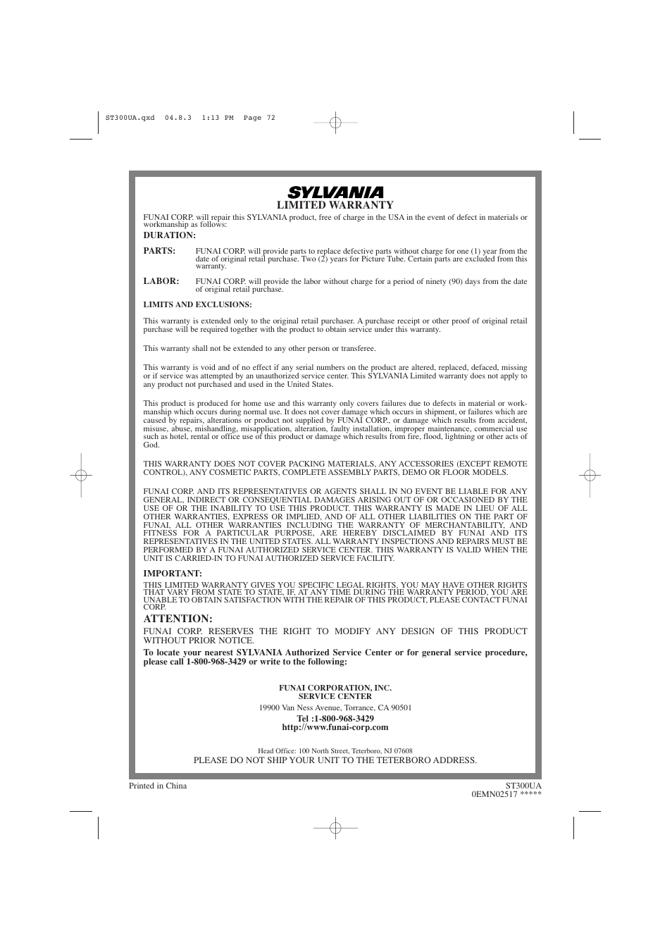 Sylvania 6900DTE User Manual | Page 72 / 72