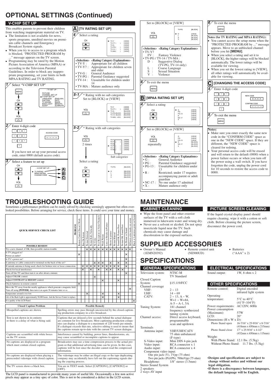 Supplied accessories, General specifications, Electrical specifications | Other specifications, Cabinet cleaning, Picture screen cleaning, V-chip set up | Sylvania 6620LFP User Manual | Page 4 / 8