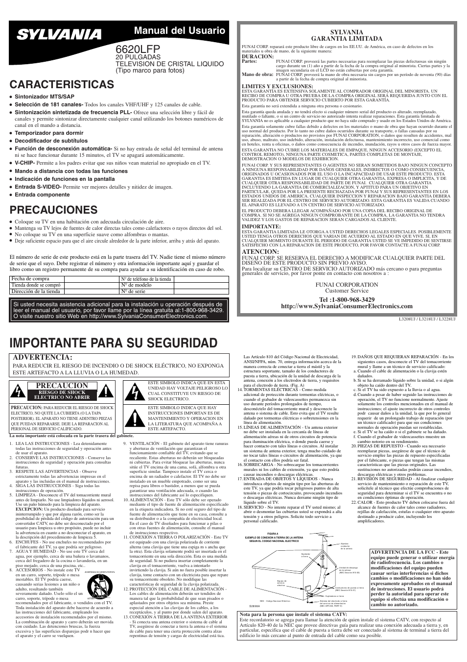 Importante para su seguridad, Caracteristicas, Precauciones | 6620lfp, Manual del usuario, Advertencia, Precaucion, Atencion | Sylvania 6620LFP User Manual | Page 5 / 8