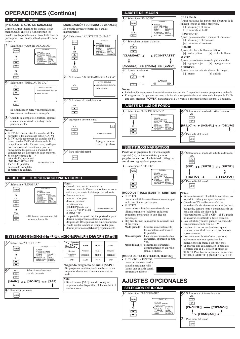 Operaciones (continúa) ajustes opcionales, Ajuste de imagen, Ajuste de canal | Seleccion de idioma, Subtitulos narrativos | Sylvania 6620LFP User Manual | Page 7 / 8