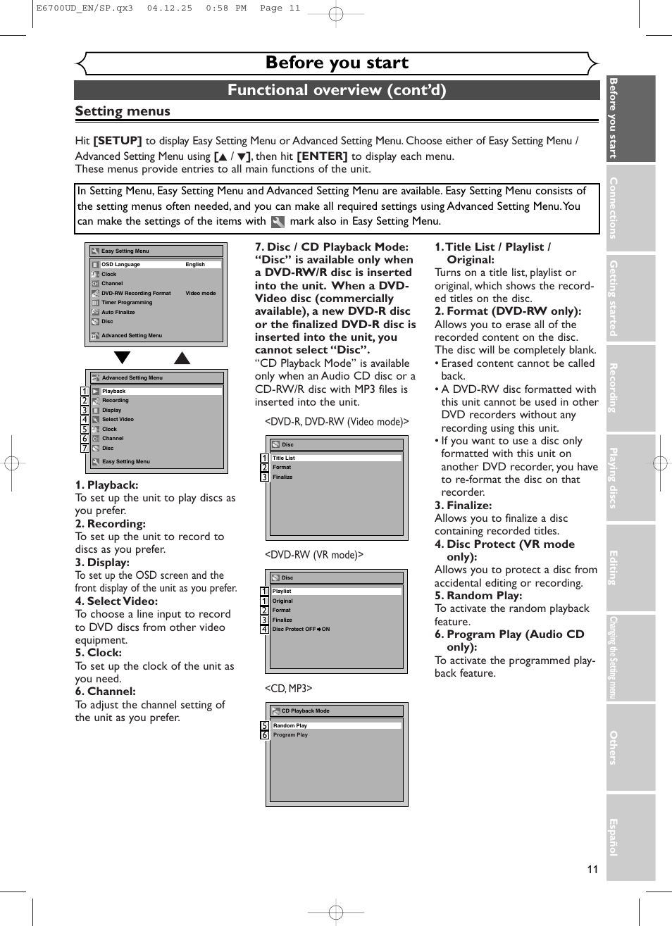 Before you start, Functional overview (cont’d), Setting menus | Sylvania DVR90DF User Manual | Page 13 / 82