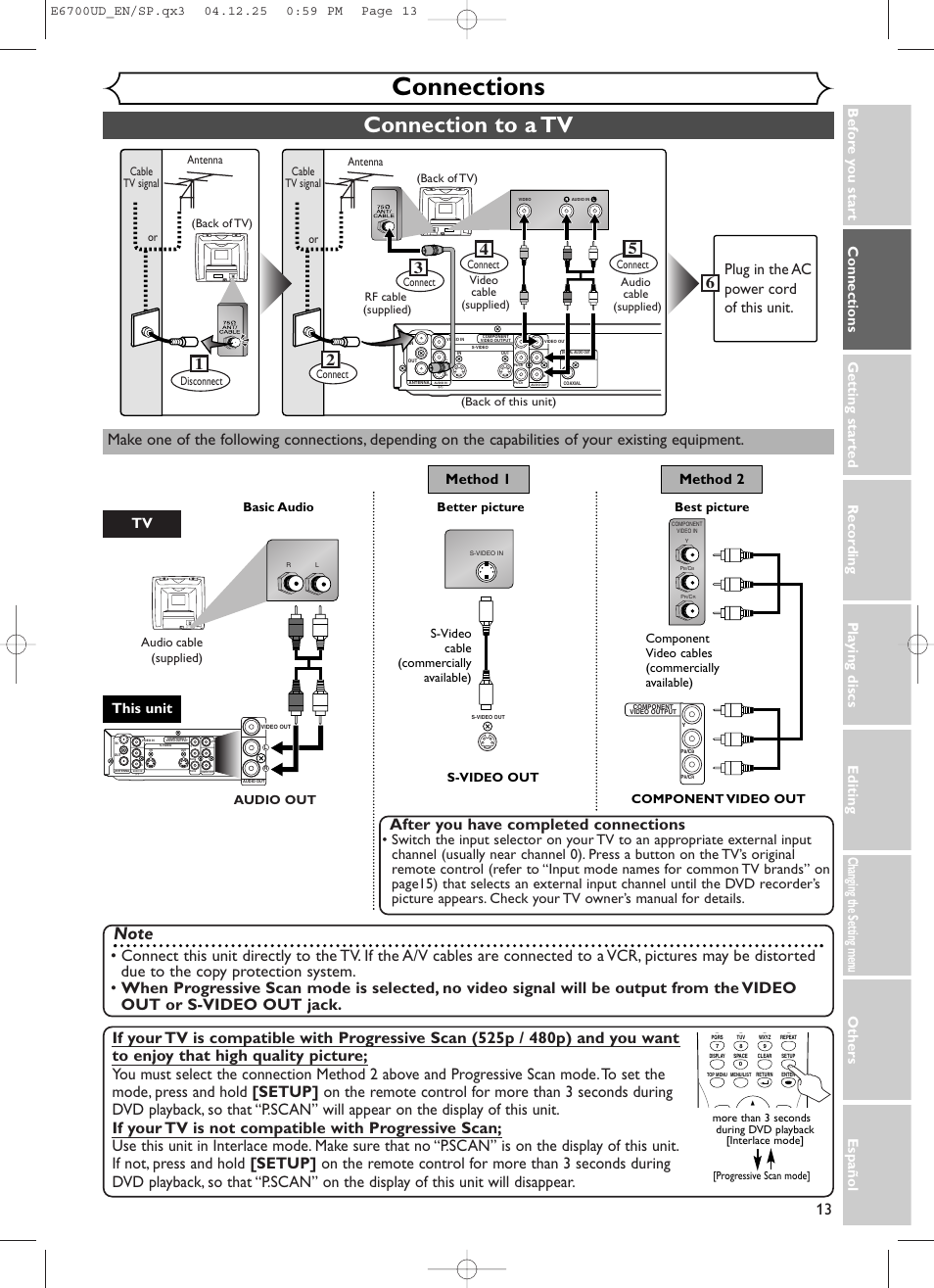 Connections, Connection to a tv, 13 after you have completed connections | Method 1 method 2, This unit, Audio out, Basic audio | Sylvania DVR90DF User Manual | Page 15 / 82