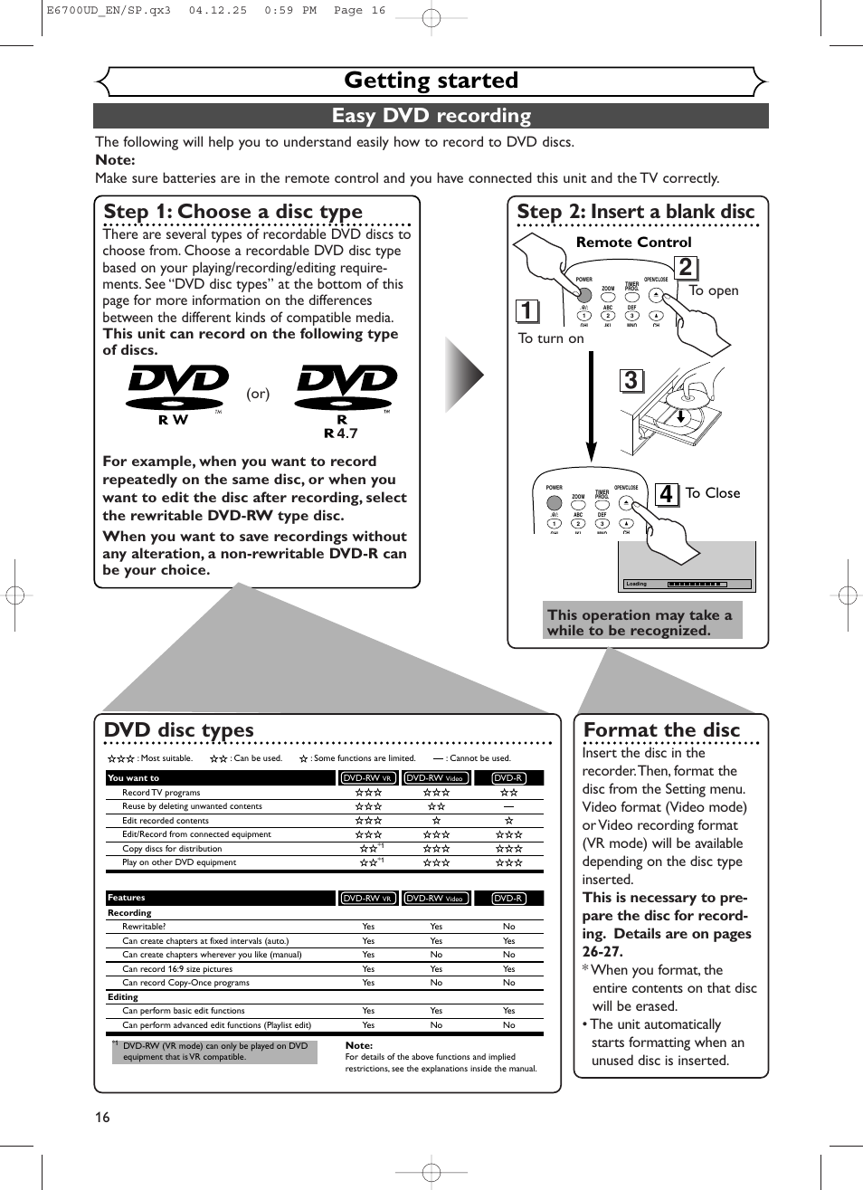 Getting started, Easy dvd recording, Step 1: choose a disc type | Step 2: insert a blank disc, Format the disc, Dvd disc types, Remote control to open to close, This operation may take a while to be recognized | Sylvania DVR90DF User Manual | Page 18 / 82
