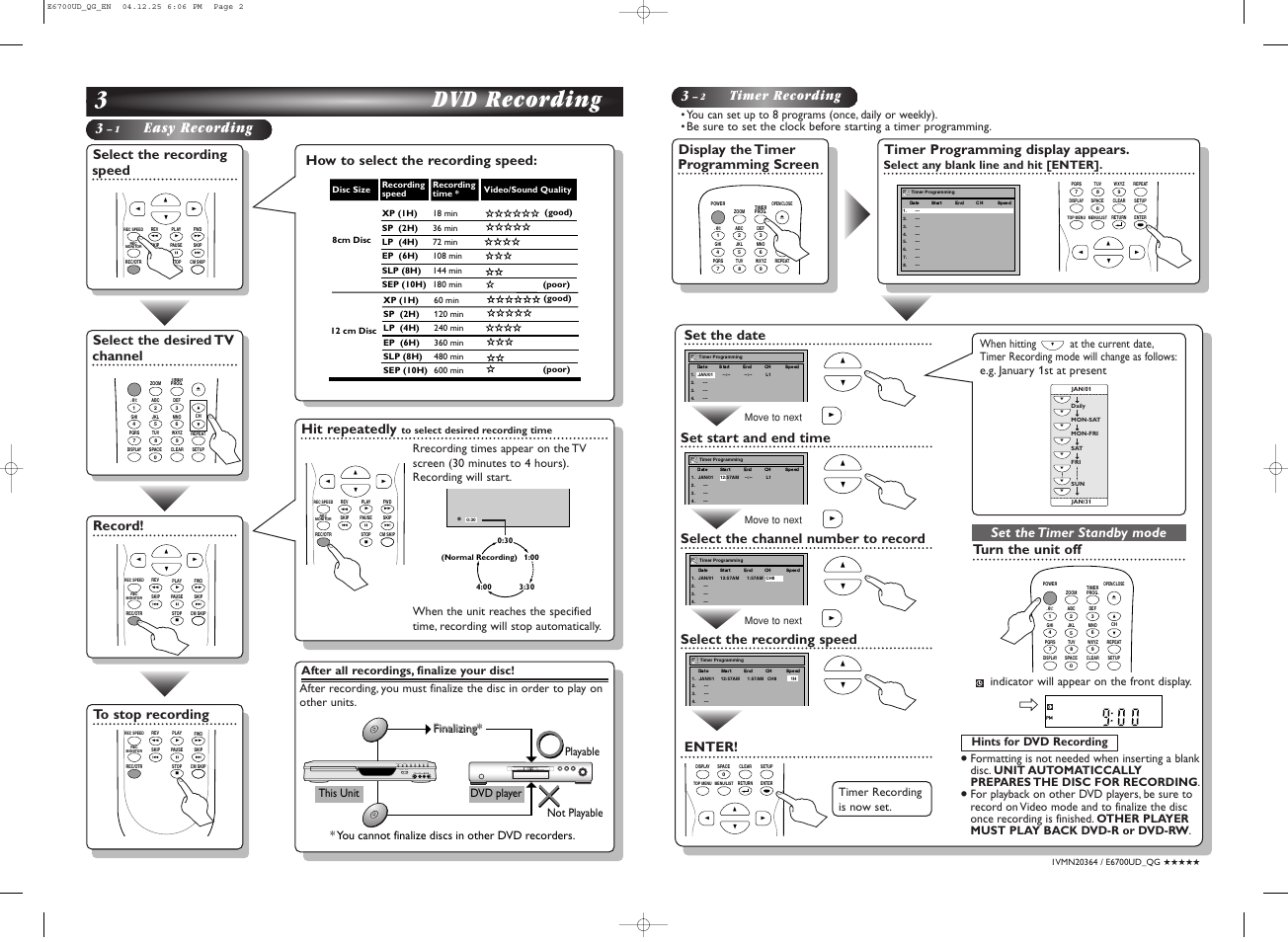 3dvd recording, Easy recording, Timer recording | Select the recording speed, Record, Select the desired tv channel, How to select the recording speed, Hit repeatedly, Display the timer programming screen, Timer programming display appears | Sylvania DVR90DF User Manual | Page 2 / 82