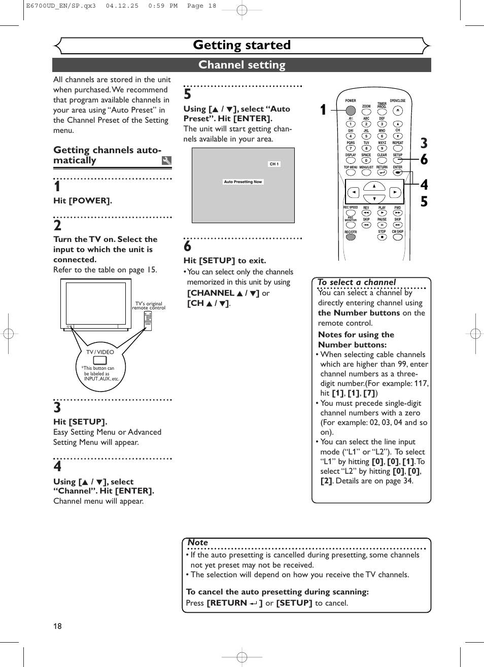 Getting started, Channel setting, Getting channels auto- matically | Hit [power | Sylvania DVR90DF User Manual | Page 20 / 82