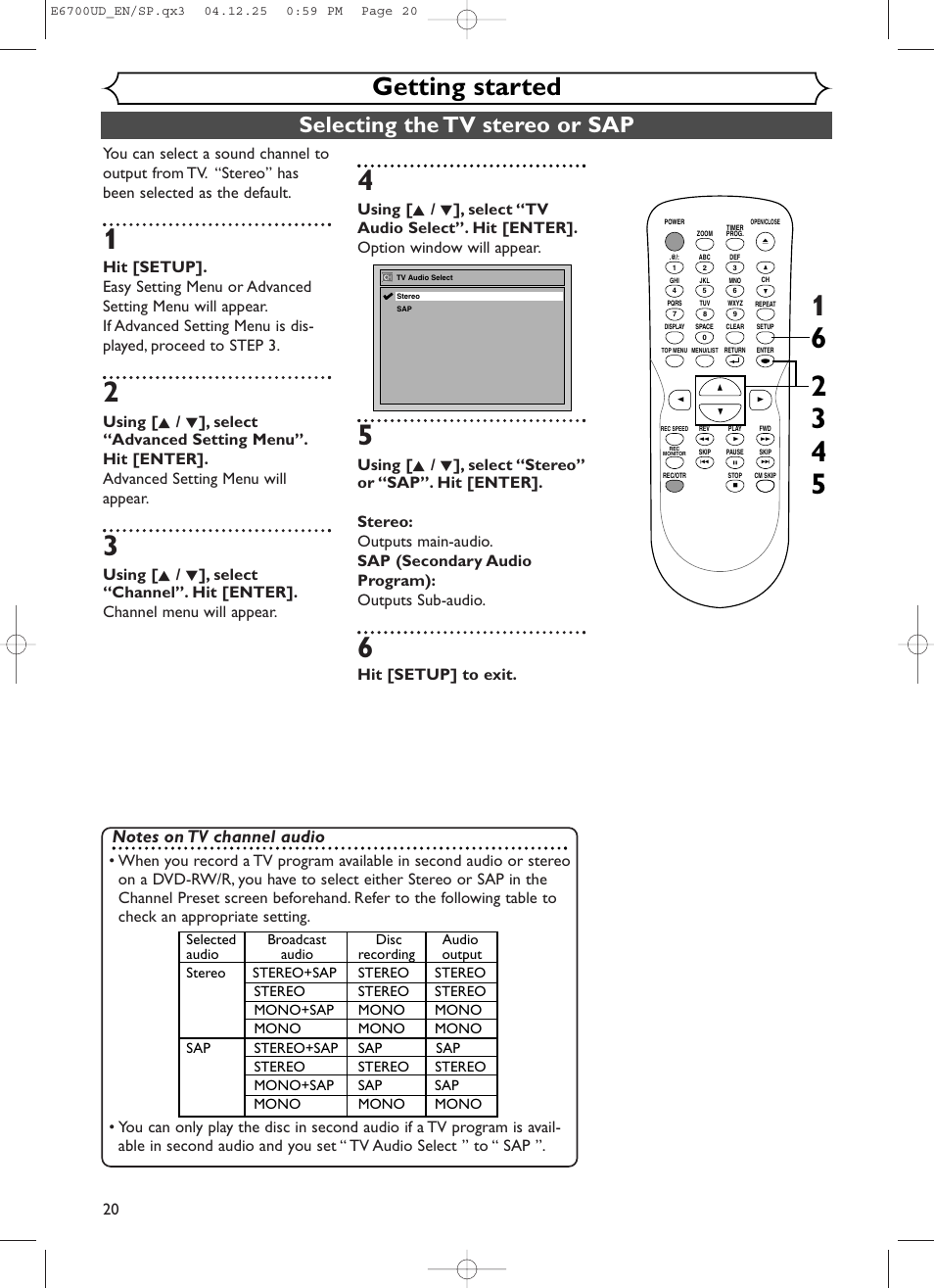 Getting started, Selecting the tv stereo or sap, Hit [setup] to exit | Sylvania DVR90DF User Manual | Page 22 / 82