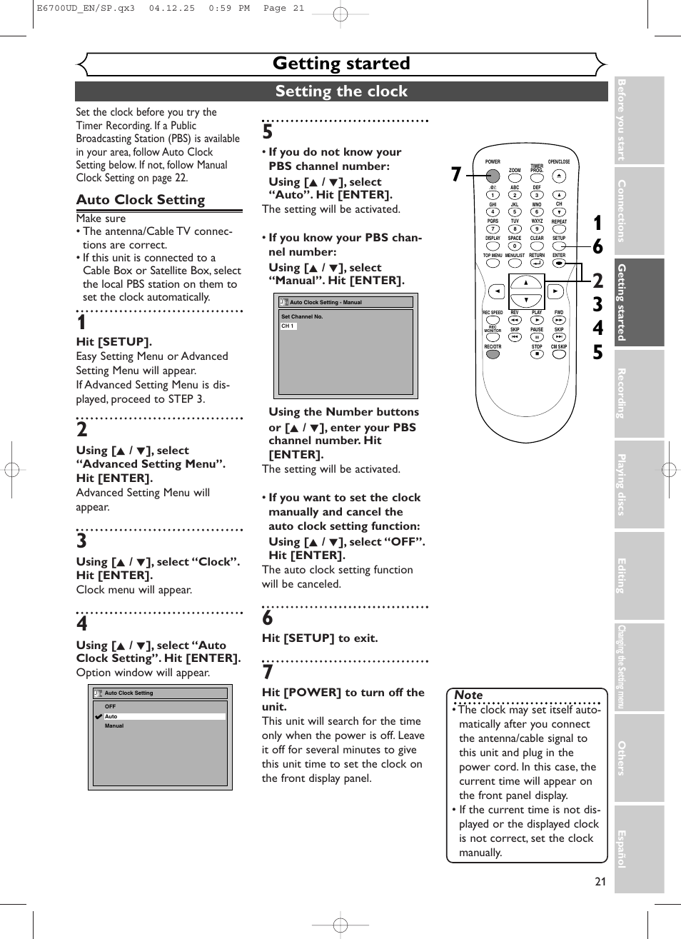 Getting started, Setting the clock, Auto clock setting | Hit [setup] to exit | Sylvania DVR90DF User Manual | Page 23 / 82