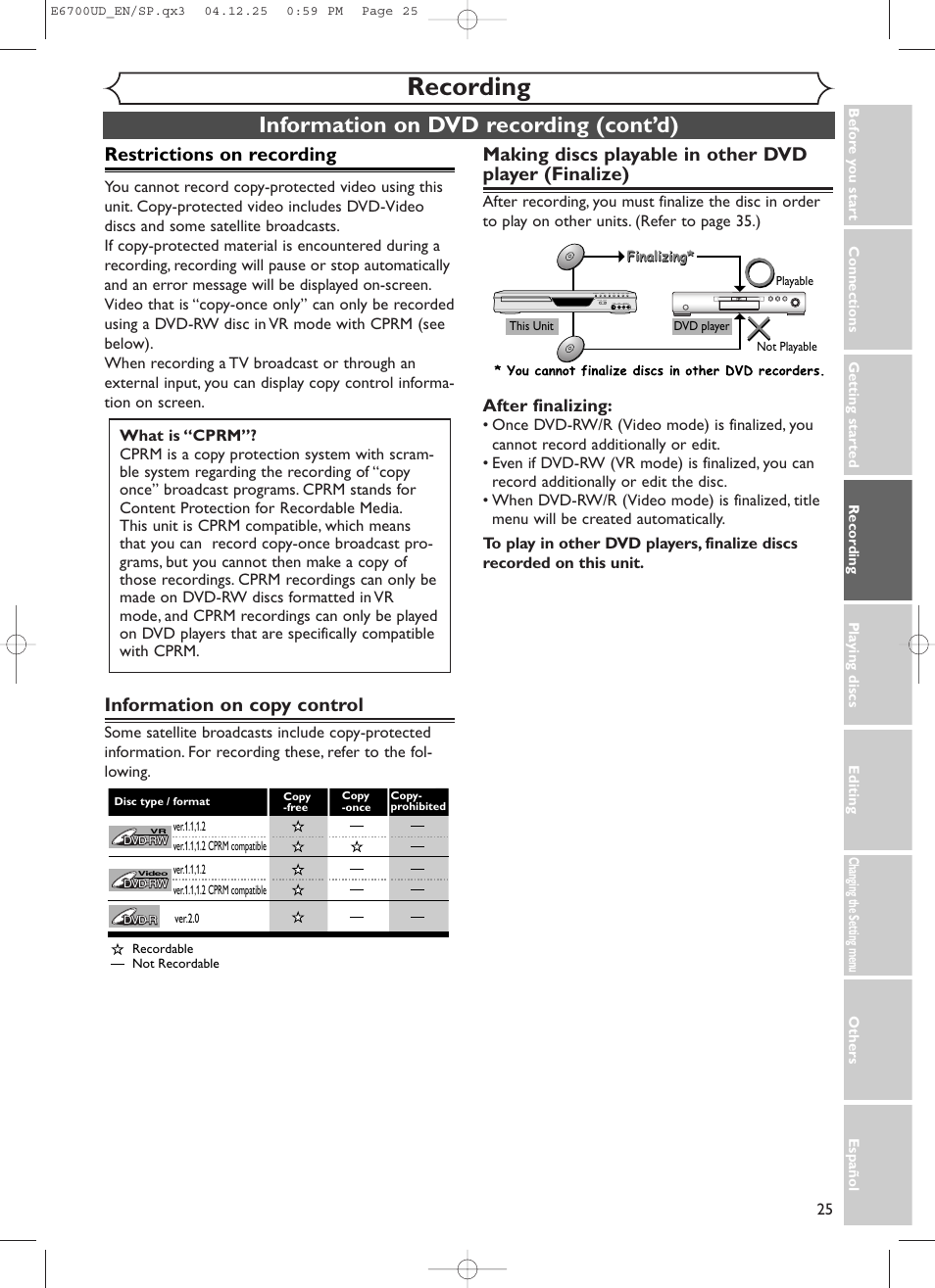 Recording, Information on dvd recording (cont’d), Restrictions on recording | Information on copy control, After finalizing | Sylvania DVR90DF User Manual | Page 27 / 82