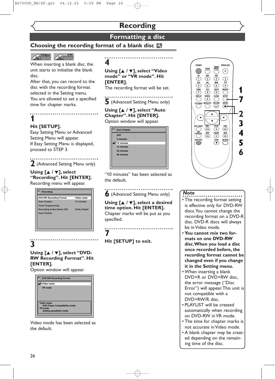 Recording, Formatting a disc, Choosing the recording format of a blank disc | Hit [setup] to exit | Sylvania DVR90DF User Manual | Page 28 / 82