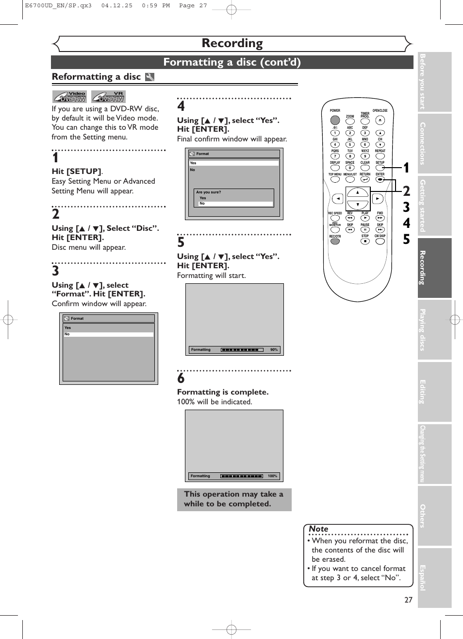 Recording, Formatting a disc (cont’d), Reformatting a disc | Formatting is complete. 100% will be indicated, This operation may take a while to be completed | Sylvania DVR90DF User Manual | Page 29 / 82