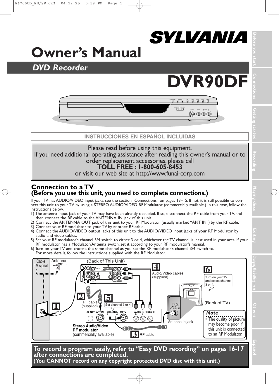 Dvr90df, Owner’s manual, Dvd recorder | Instrucciones en español incluidas, Antenna cable tv signal | Sylvania DVR90DF User Manual | Page 3 / 82