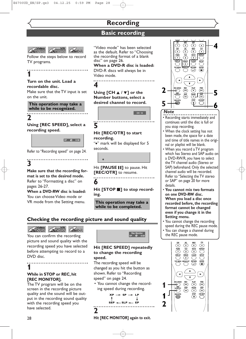 Recording, Basic recording, Checking the recording picture and sound quality | Hit [rec/otr] to start recording, This operation may take a while to be recognized, Hit [rec monitor] again to exit | Sylvania DVR90DF User Manual | Page 30 / 82