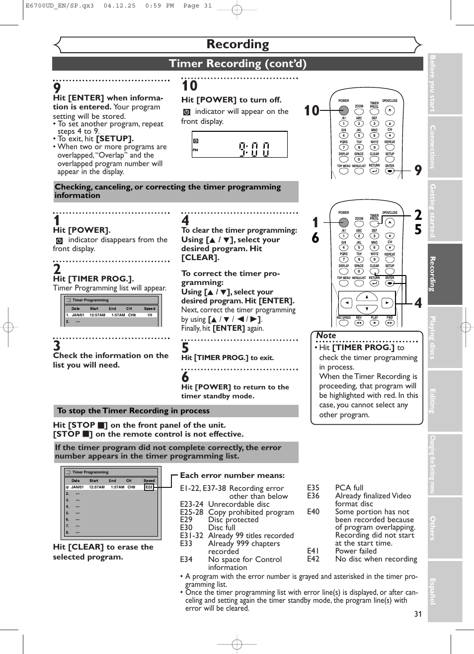 Recording, Timer recording (cont’d), Check the information on the list you will need | Sylvania DVR90DF User Manual | Page 33 / 82