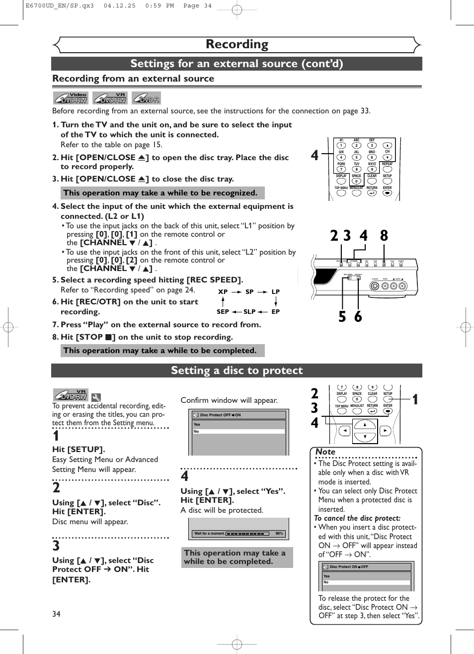 Recording, Settings for an external source (cont’d), Setting a disc to protect | Recording from an external source | Sylvania DVR90DF User Manual | Page 36 / 82