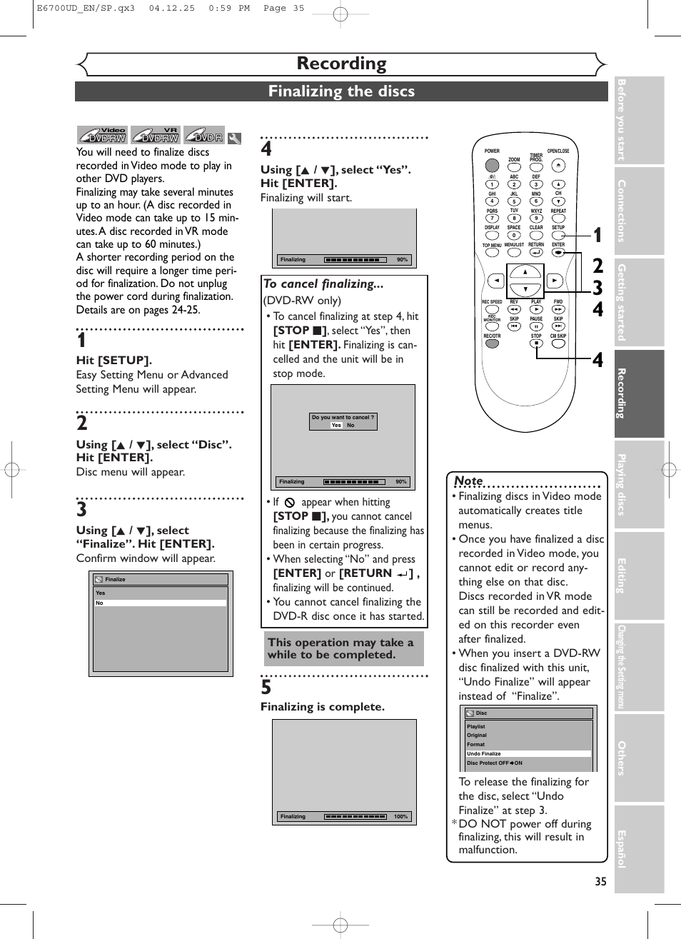 Recording, Finalizing the discs, Finalizing is complete | This operation may take a while to be completed | Sylvania DVR90DF User Manual | Page 37 / 82