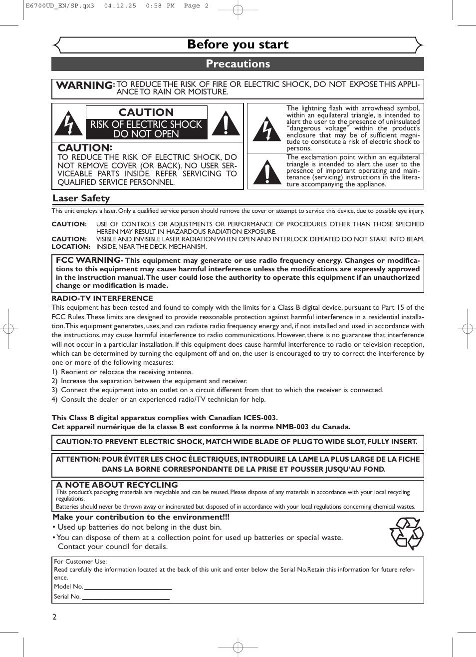 Before you start, Precautions, Warning | Caution, Caution risk of electric shock do not open, Laser safety | Sylvania DVR90DF User Manual | Page 4 / 82