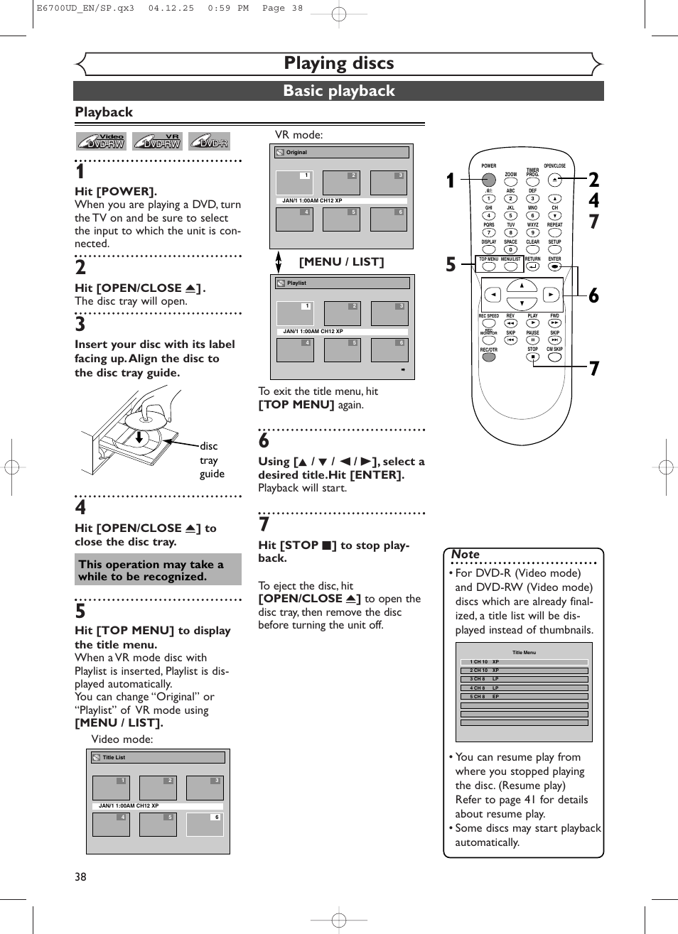 Playing discs, Basic playback, Playback | Hit [open/close a ] . the disc tray will open, Hit [open/close a ] to close the disc tray, Disc tray guide, This operation may take a while to be recognized | Sylvania DVR90DF User Manual | Page 40 / 82
