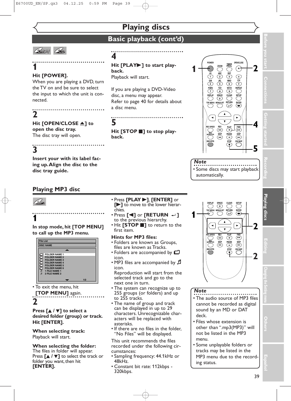 Playing discs, Basic playback (cont’d), Playing mp3 disc | Hit [stop c ] to stop play- back, Some discs may start playback automatically | Sylvania DVR90DF User Manual | Page 41 / 82