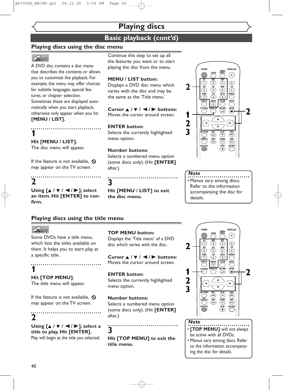 Playing discs, Basic playback (cont’d), Playing discs using the disc menu | Playing discs using the title menu, Hit [menu / list] to exit the disc menu, Hit [top menu] to exit the title menu | Sylvania DVR90DF User Manual | Page 42 / 82
