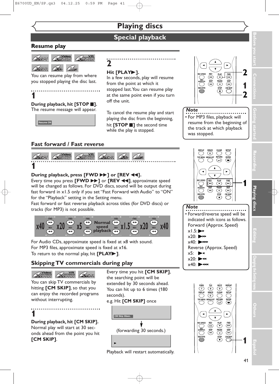 Playing discs, Special playback, Resume play | Fast forward / fast reverse, Skipping tv commercials during play, Normal speed playback | Sylvania DVR90DF User Manual | Page 43 / 82
