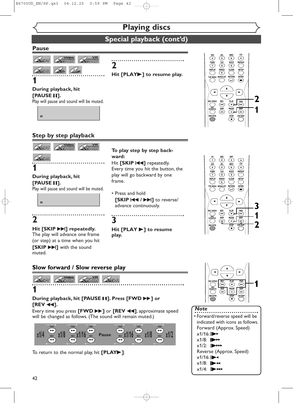 X1/8, Playing discs, Special playback (cont’d) | Step by step playback, Slow forward / slow reverse play, Pause, Hit [play b ] to resume play | Sylvania DVR90DF User Manual | Page 44 / 82