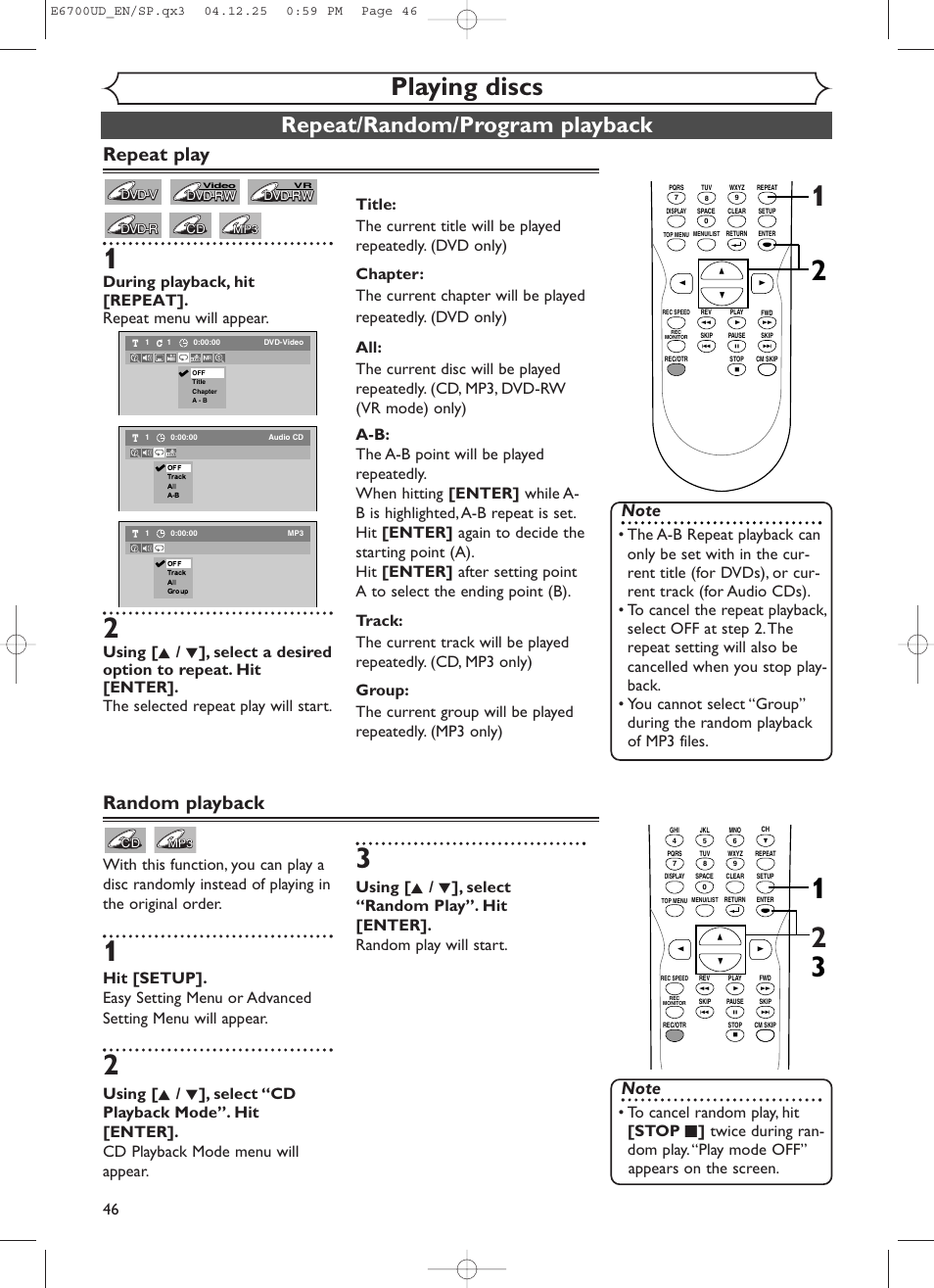 Playing discs, Repeat/random/program playback, Repeat play | Random playback | Sylvania DVR90DF User Manual | Page 48 / 82