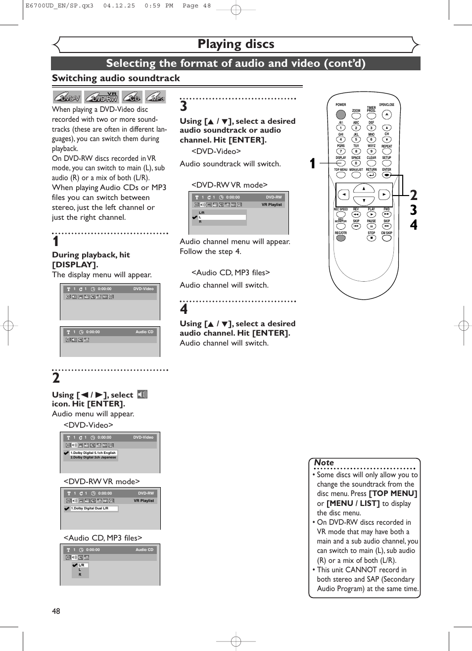 Playing discs, Selecting the format of audio and video (cont’d), Switching audio soundtrack | Sylvania DVR90DF User Manual | Page 50 / 82