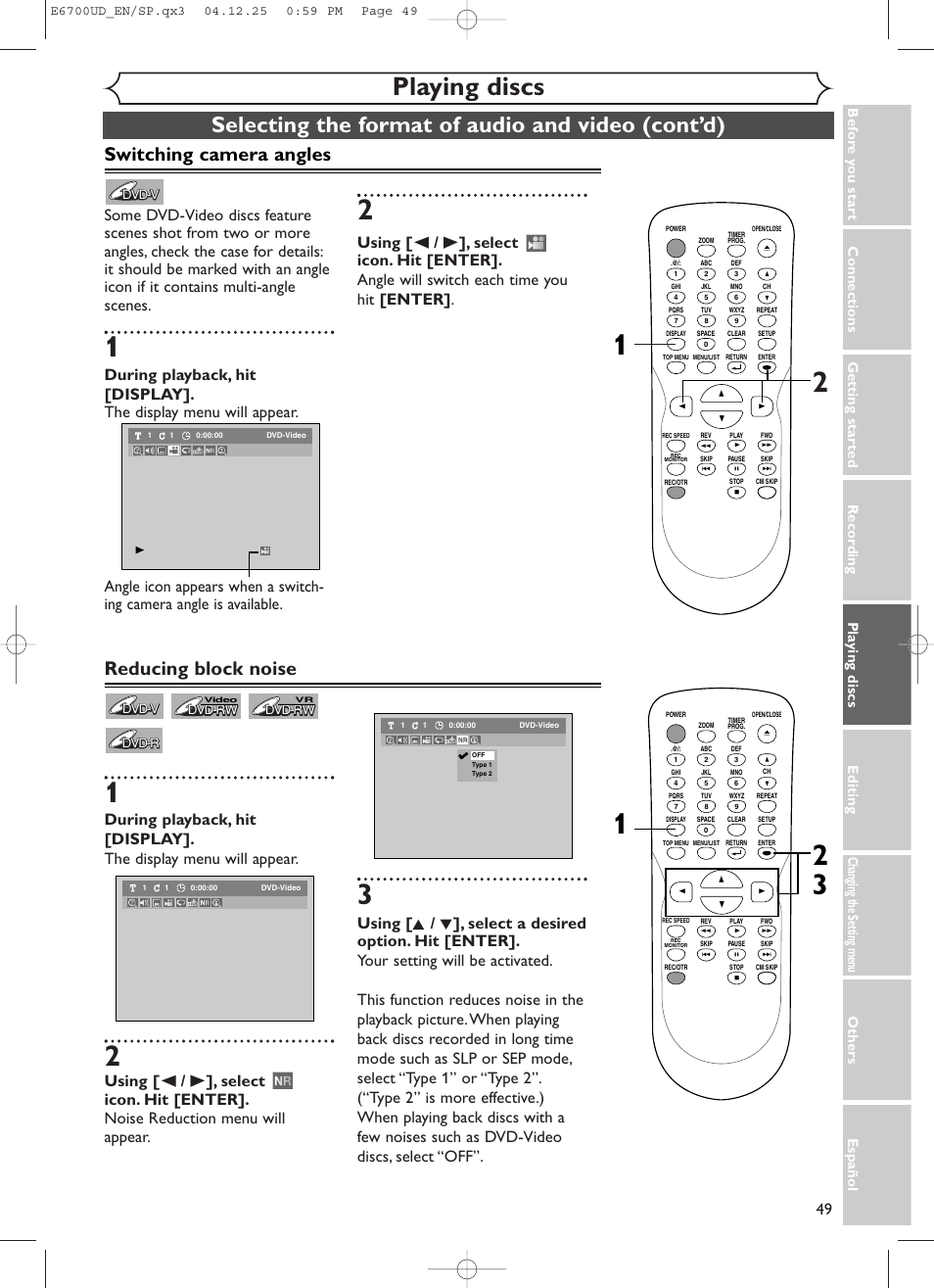 Playing discs, Selecting the format of audio and video (cont’d), Switching camera angles | Reducing block noise | Sylvania DVR90DF User Manual | Page 51 / 82