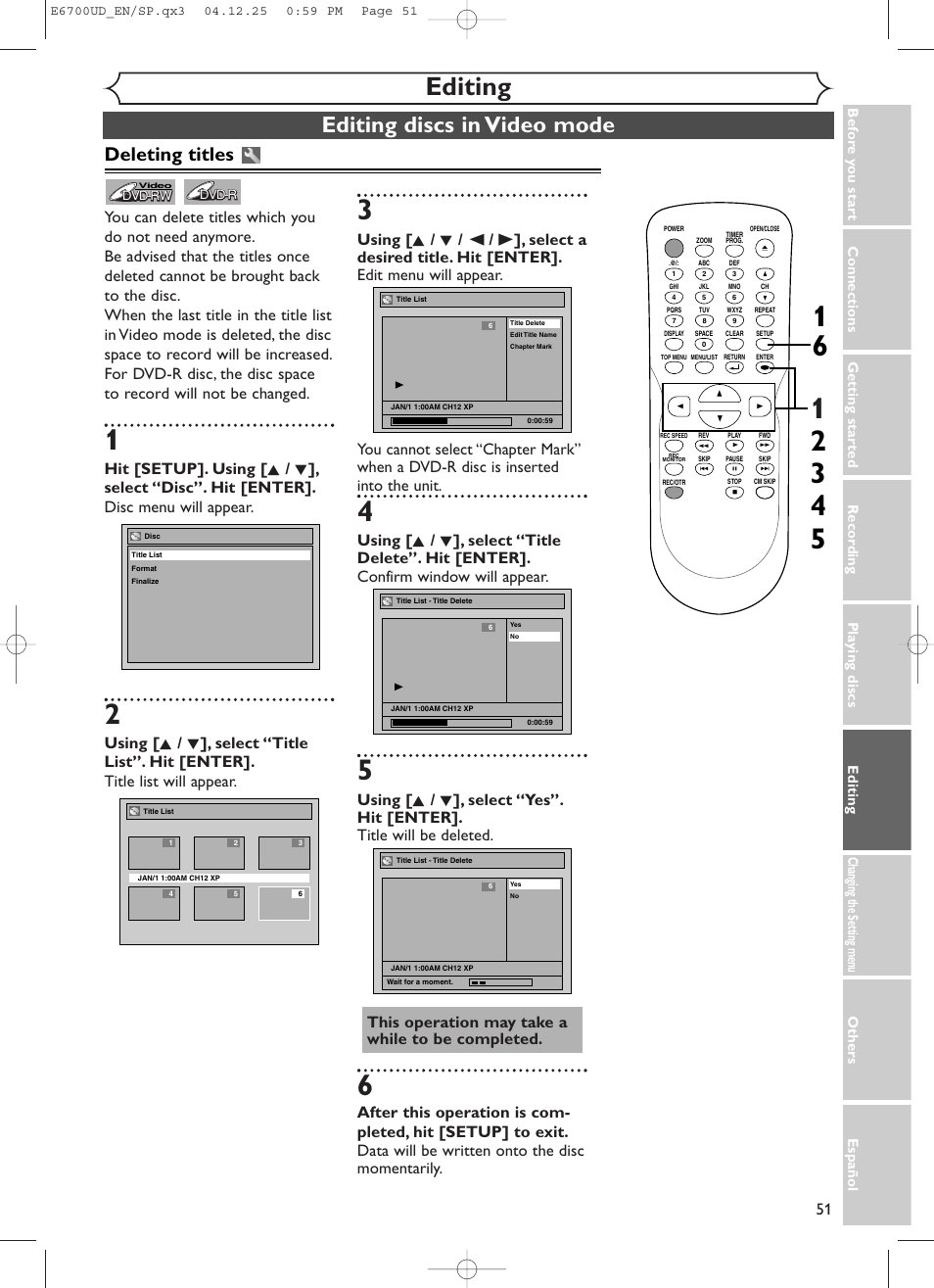 Editing, Editing discs in video mode, Deleting titles | Sylvania DVR90DF User Manual | Page 53 / 82