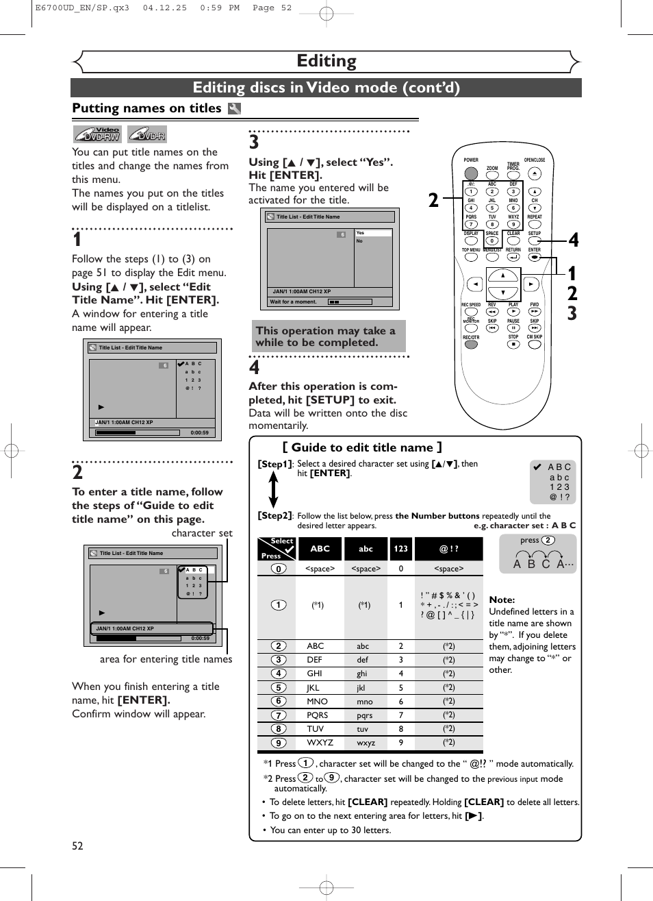 Editing, Editing discs in video mode (cont’d), Putting names on titles | Guide to edit title name, A b c a | Sylvania DVR90DF User Manual | Page 54 / 82