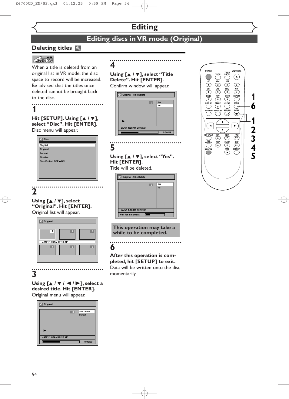 Editing, Editing discs in vr mode (original), Deleting titles | Sylvania DVR90DF User Manual | Page 56 / 82
