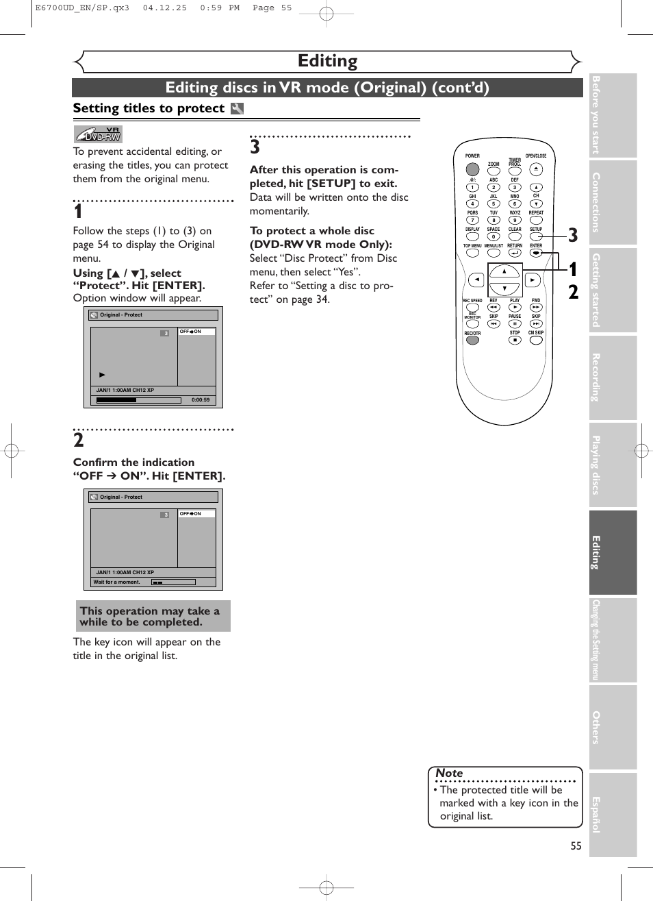 Editing, Editing discs in vr mode (original) (cont’d), Setting titles to protect | Sylvania DVR90DF User Manual | Page 57 / 82