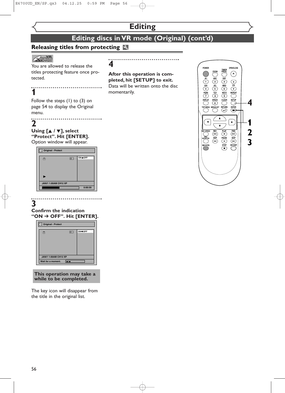 Editing, Editing discs in vr mode (original) (cont’d), Releasing titles from protecting | Sylvania DVR90DF User Manual | Page 58 / 82