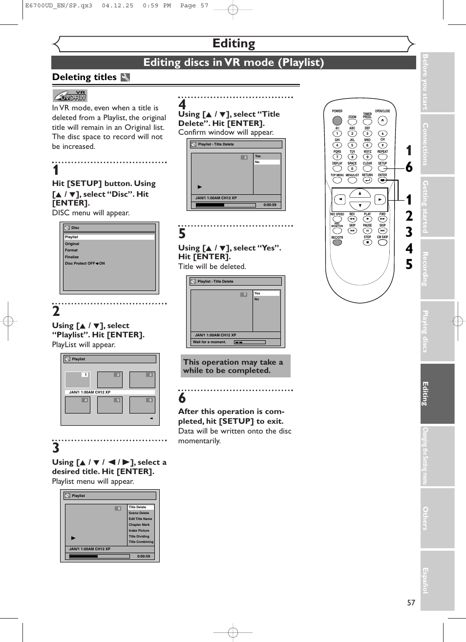 Editing, Editing discs in vr mode (playlist), Deleting titles | Sylvania DVR90DF User Manual | Page 59 / 82