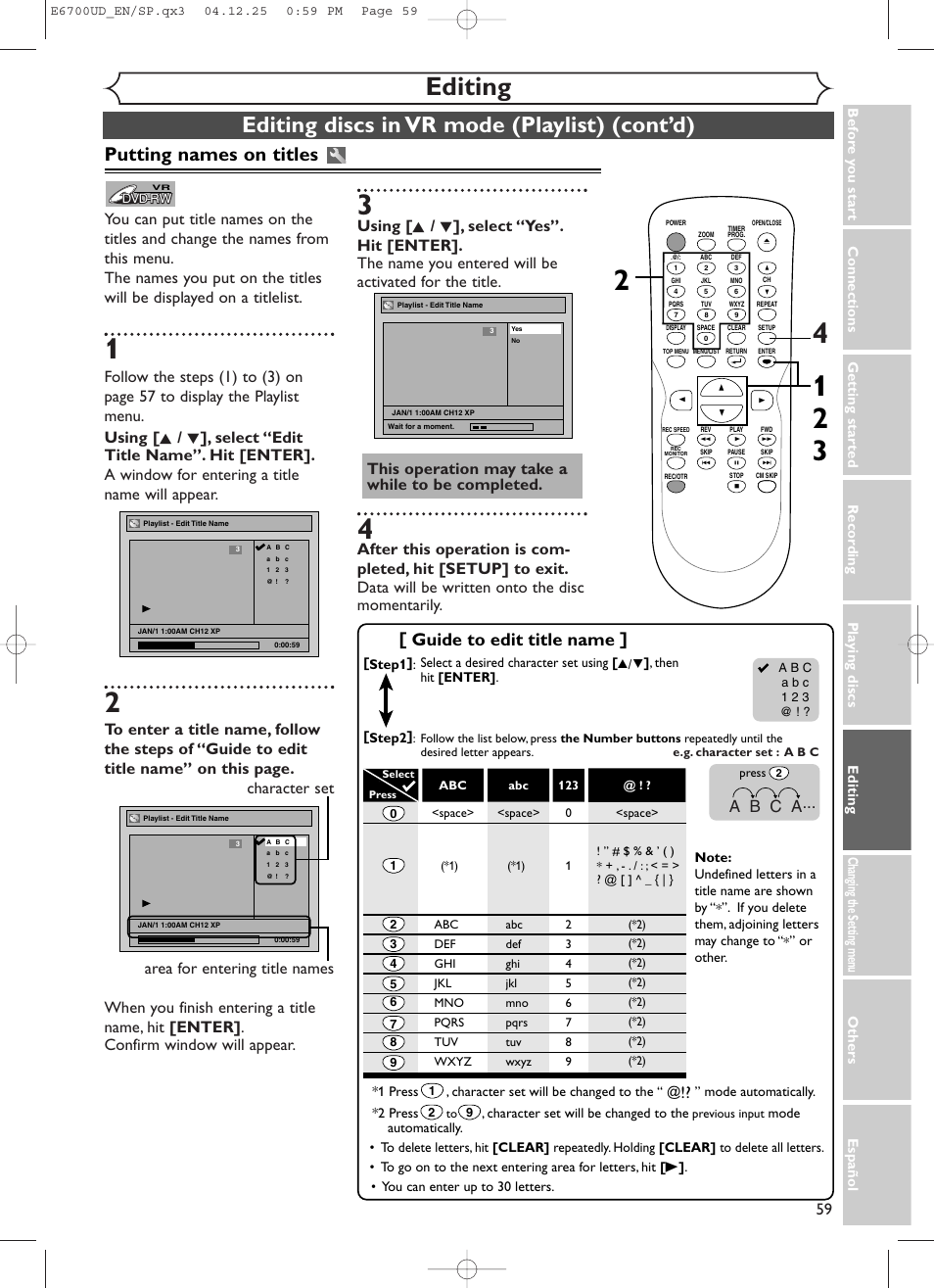 Editing, Editing discs in vr mode (playlist) (cont’d), Putting names on titles | Guide to edit title name, A b c a | Sylvania DVR90DF User Manual | Page 61 / 82