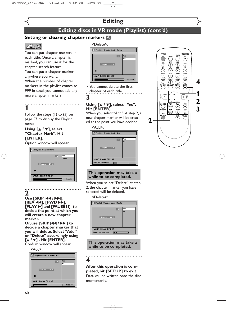 Editing, Editing discs in vr mode (playlist) (cont’d), Setting or clearing chapter markers | This operation may take a while to be completed | Sylvania DVR90DF User Manual | Page 62 / 82